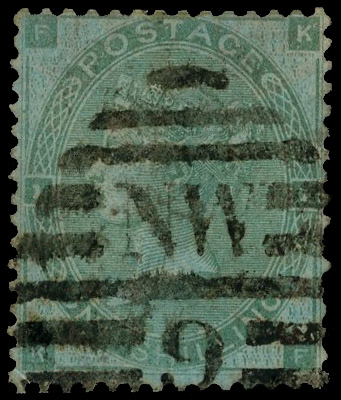 1862 1s Green Pl.2 (Azure paper). Fine used example lettered KF, cancelled by a London ‘NW/9’ numeral, Ex Charles Nissen…