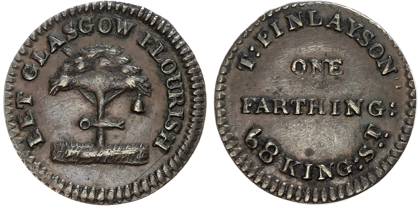 Lanark. Glasgow , T Finlayson Farthing (1790s), Denom., rev Arms of Glasgow, edge plain. 21mm/2.17gm. (DH 30). About Ext …