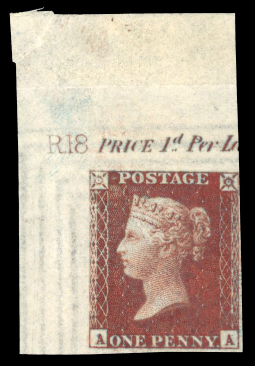 GB 1854-57 1d red-brown, Pl. R.18 (AA), corner marginal imperforate imprimatur, SG 29var