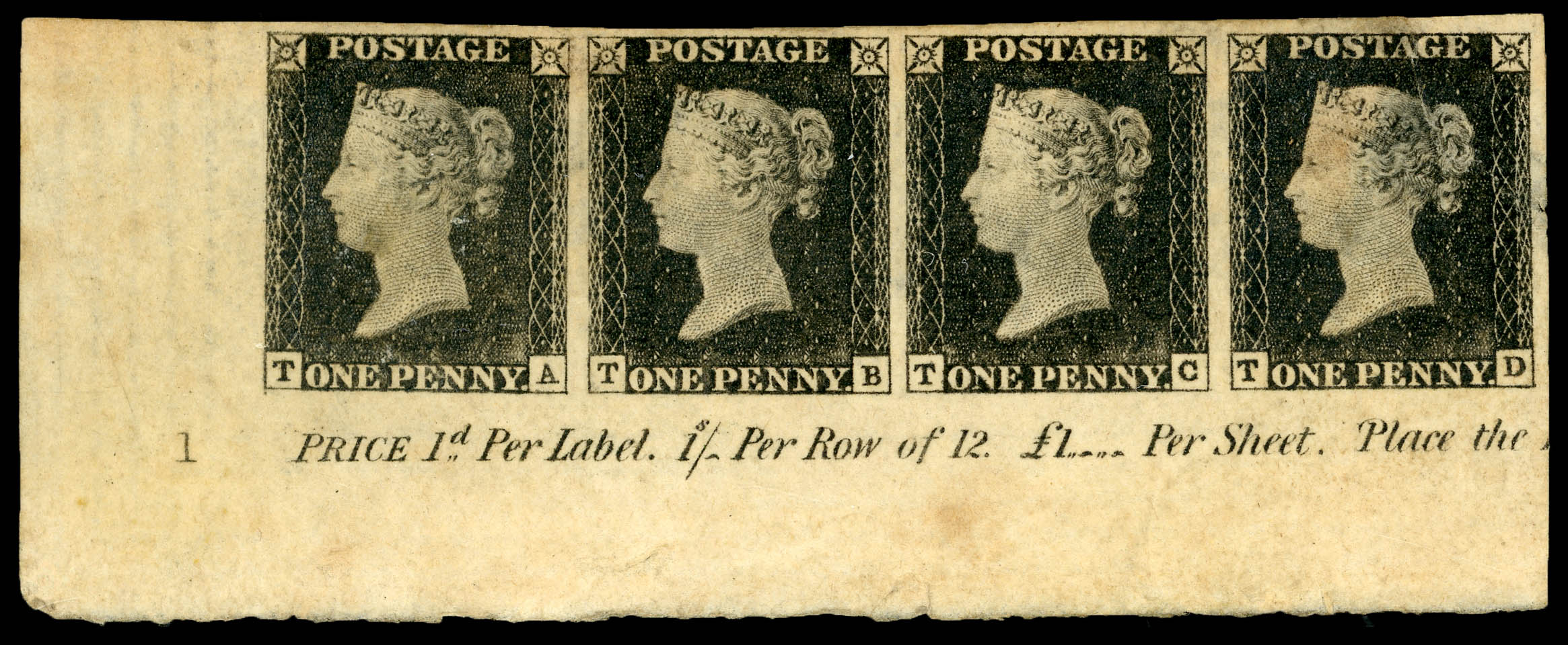Great Britain 1840 1d Black Pl.1a. Magnificent unused horizontal strip of...