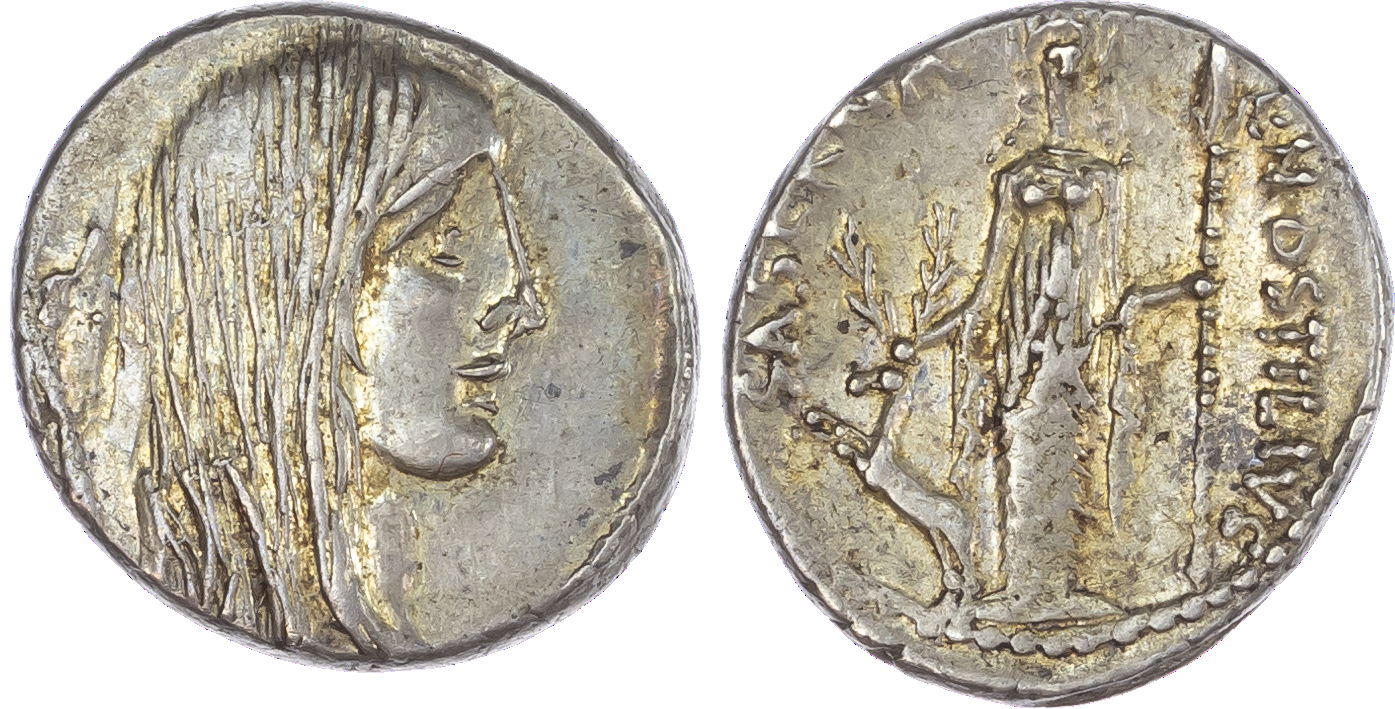L. Hostilius Saserna (48 BC) AR Denarius, Rome, 4.06g. Bare head of Gallia facing right, carnyx behind. Rev. HOSTILIVS -