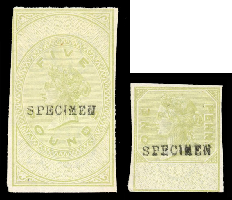 GB Unappropriated Dies 1880s imperforate colour trials 1d and £5 in lime-green