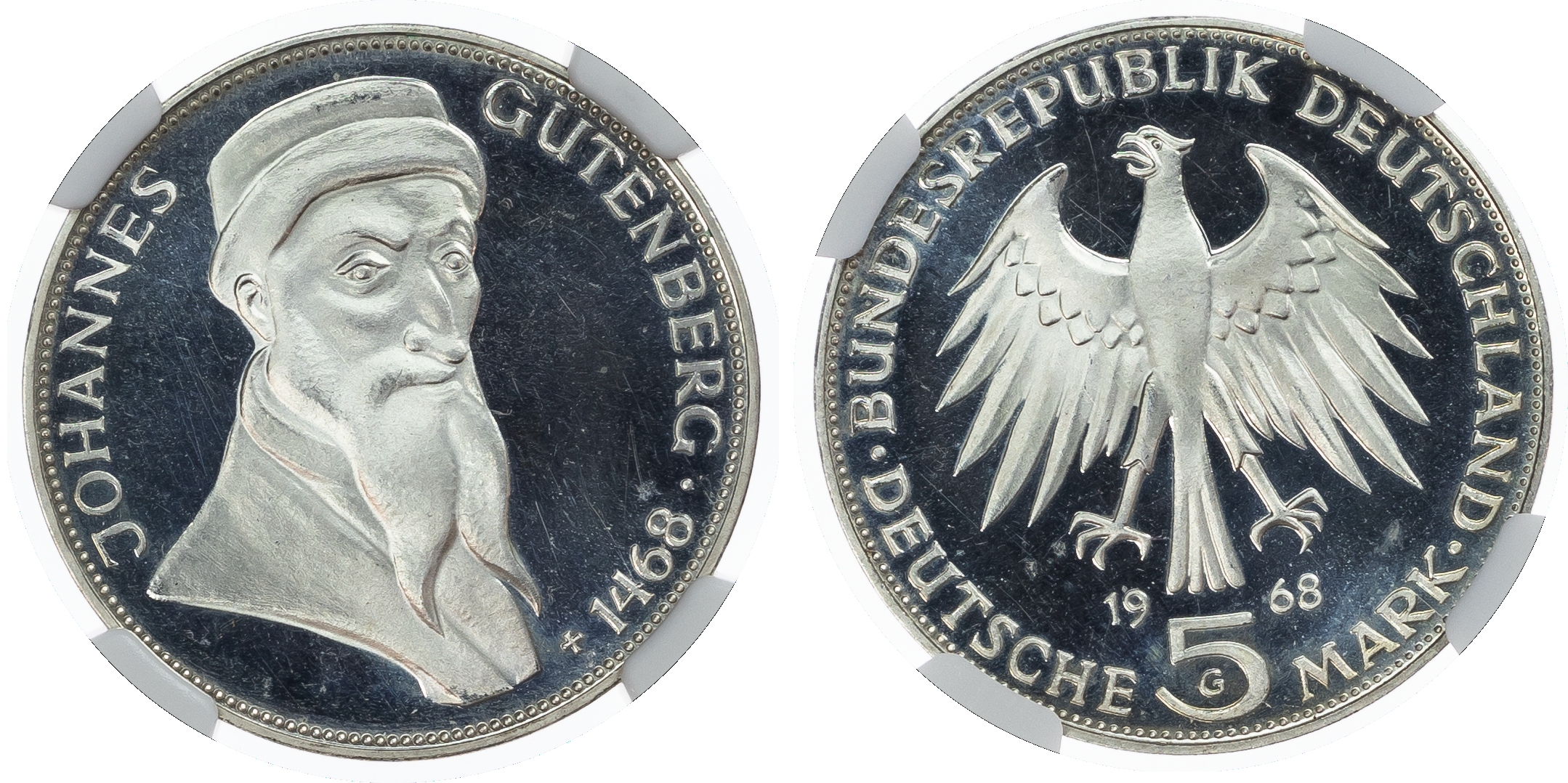 Germany, Federal Republic. Johannes Gutenberg AR 5 Mark Proof. 1968G. 