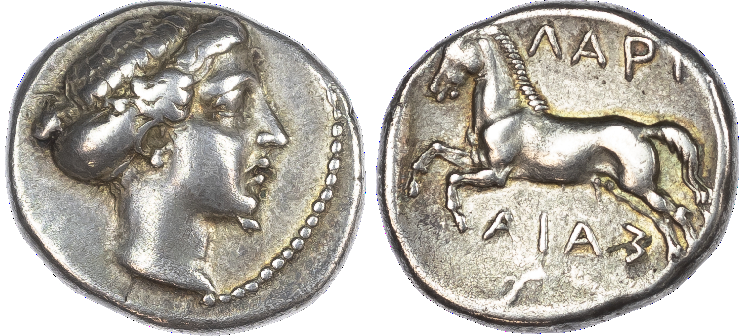 Thessaly, Larissa (c. early-mid 4th Century BC) AR Drachm, 6.16g. Head of the Nymph, Larissa, facing right. Rev. Horse