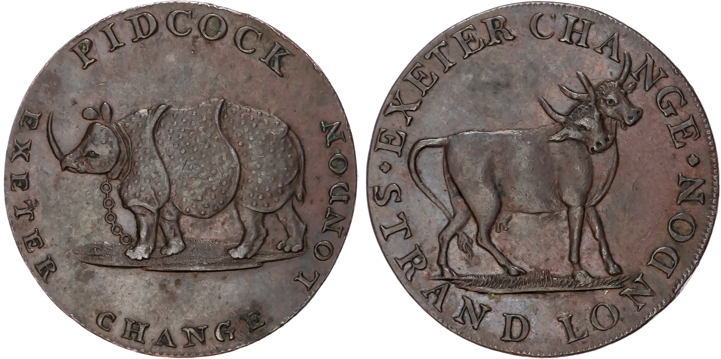London , Strand, Gilbert Pidcock Halfpenny undated, A rhinoceros standing right, rev . An elephant standing le…