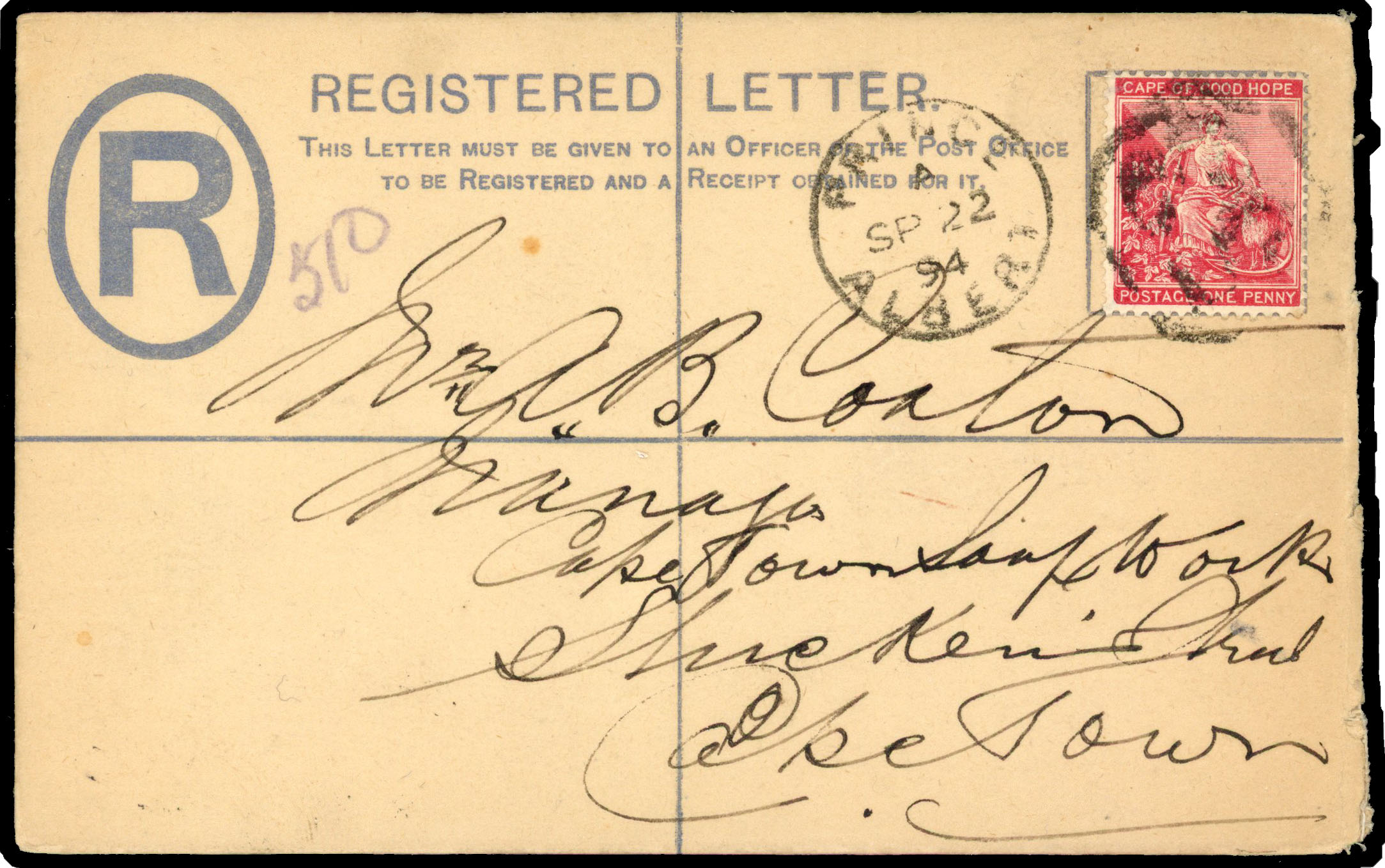 1894 4d registered stationery envelope (size F), up-rated 1d, addressed to Cape Town, tied by scarce octagonal ‘53’