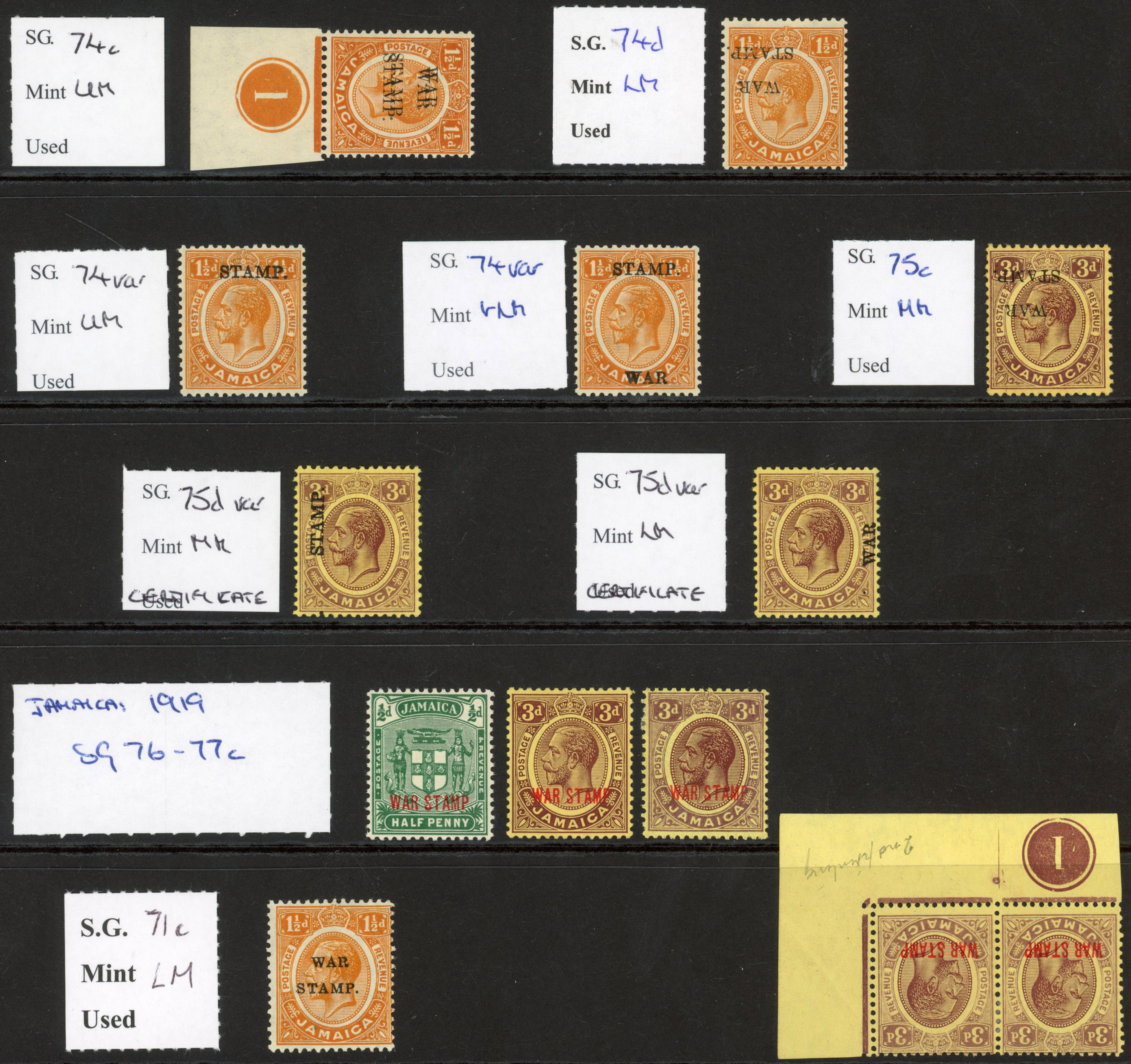 Jamaica SG 68/77 1916-19 War Stamp mint collection