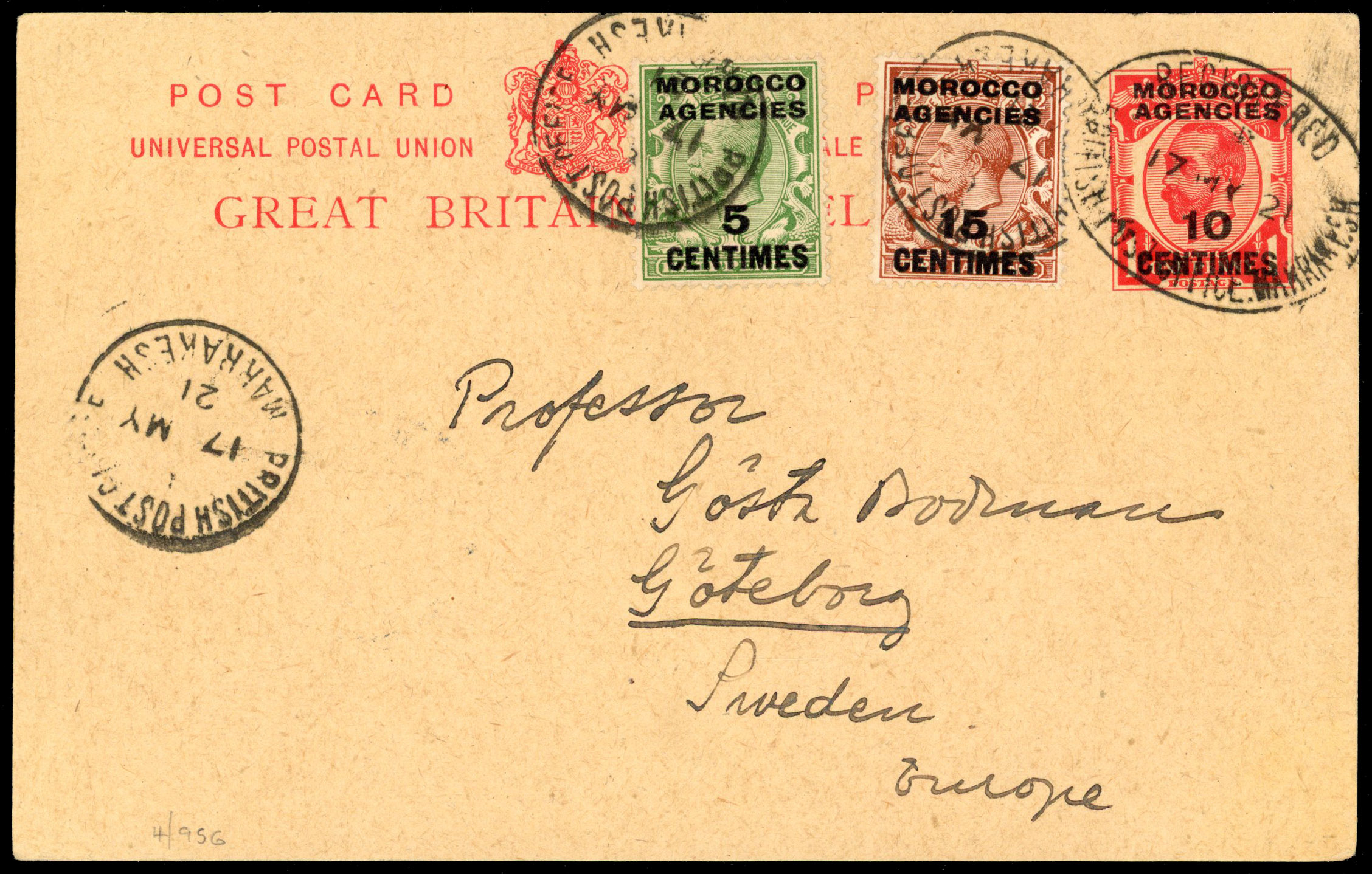 Morocco Agencies 1921 French Currency post card to Sweden