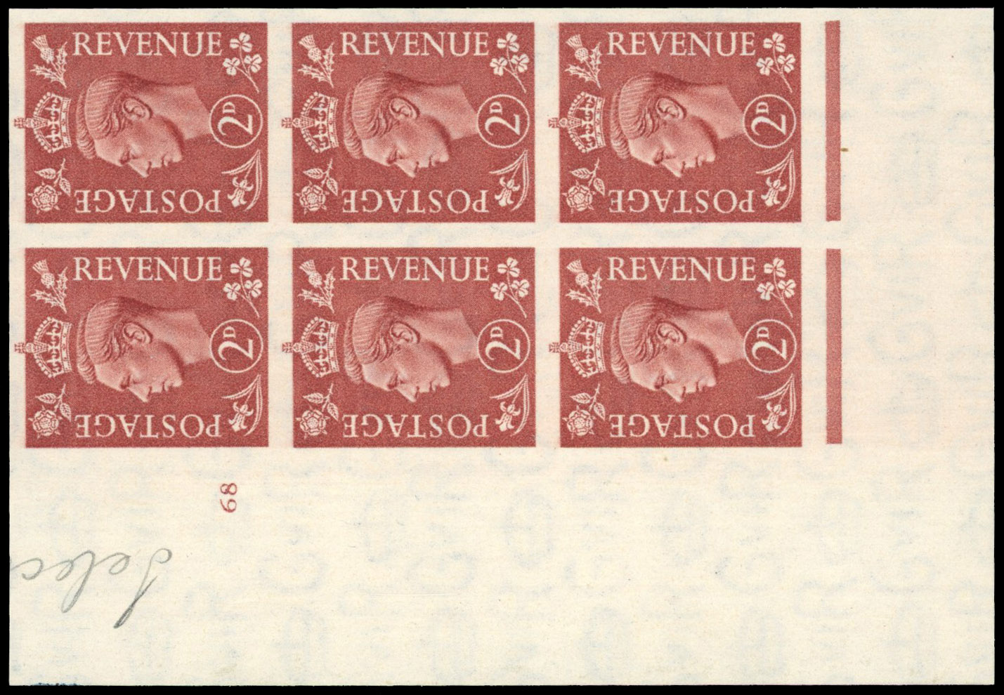 Great Britain 1950 2d Pale red-brown, Block of Six, BPMA Imprimatur, SG 506