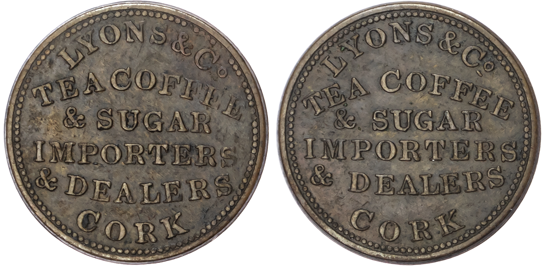 Cork. James Lyons & Co. (tea & coffee dealer) farthing (1850s) same four-line legend both sides, 20.5mm. (W 57…