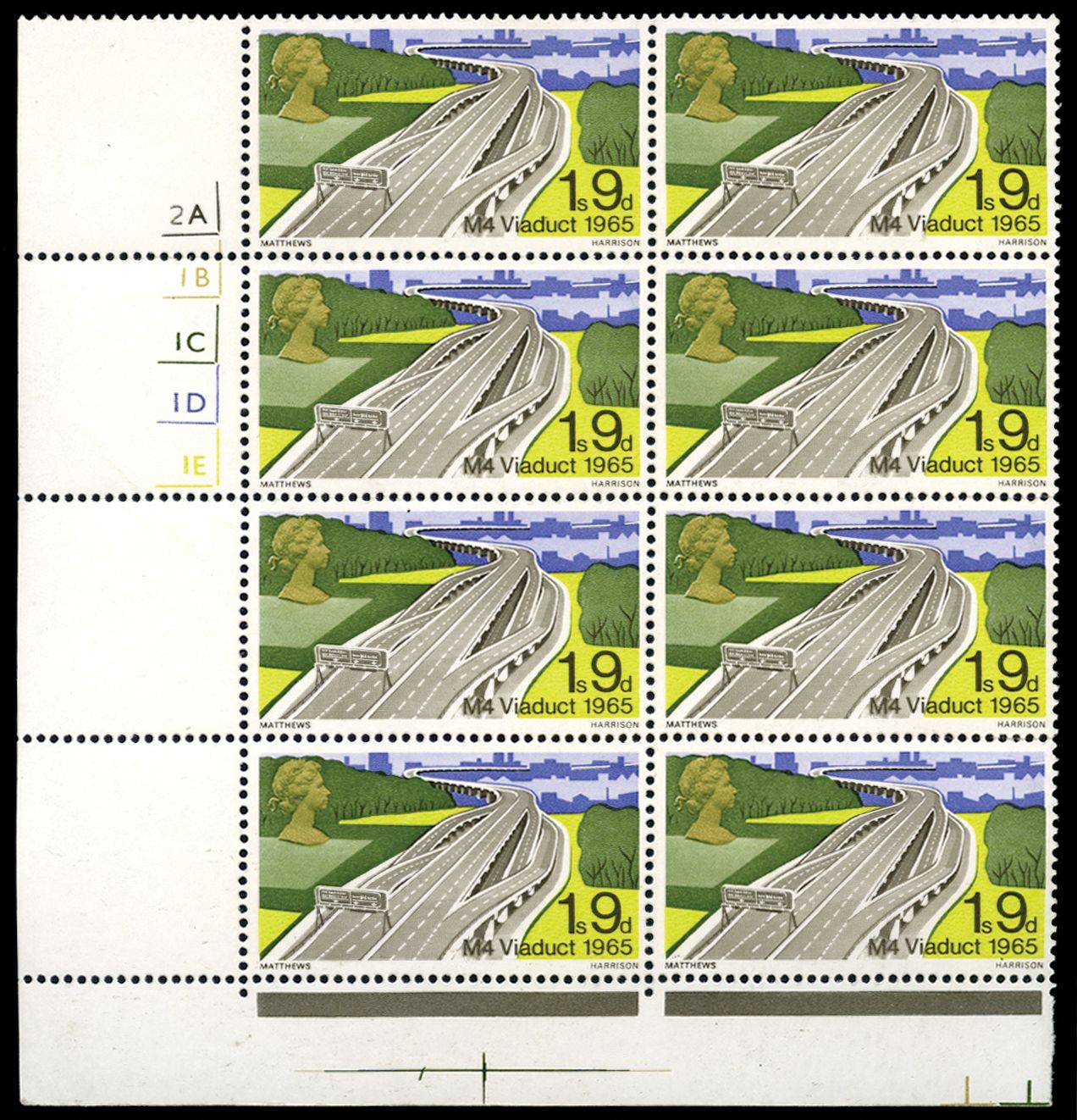 1968 1s9d British Bridges. Superb unmounted o.g. bottom left hand corner marginal cylinder block of eight showing variety...