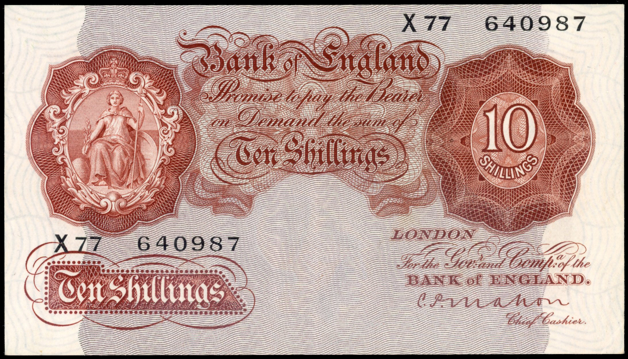 Bank of England, C P Mahon, Ten Shillings Nov. 1928, X77 640987, (Dugg. B210). Very Fine or better, with very …