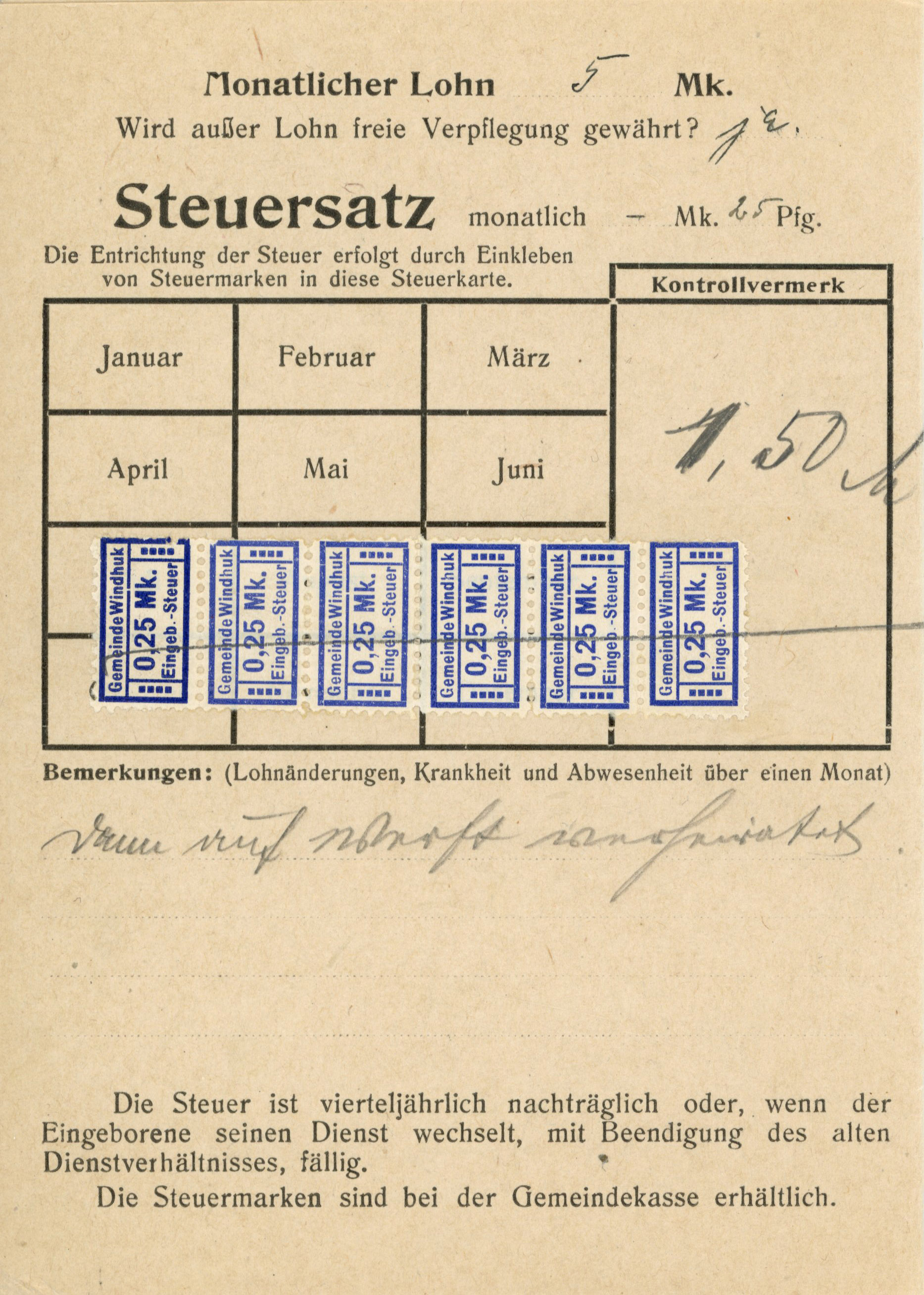 German South West Africa. Windhoek Native Tax. Two 1913 Native Employment cards