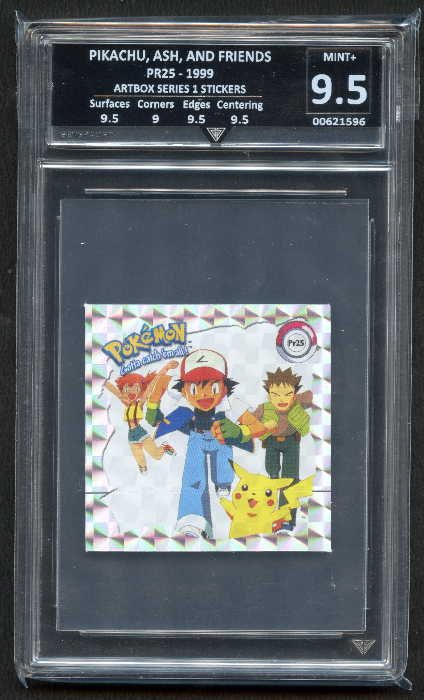 Get Graded 9.5 Pikachu, Ash & friends #PR25 Artbox Series 1 Sticker 1999