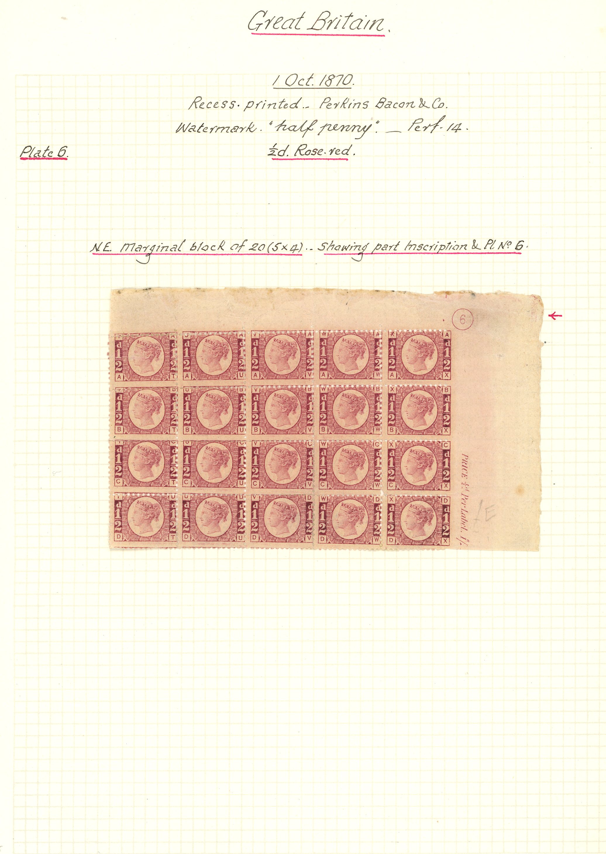 1870 ½d rose-red Plate 6 (AT-DX) top marginal block of twenty (5x4) showing plate...