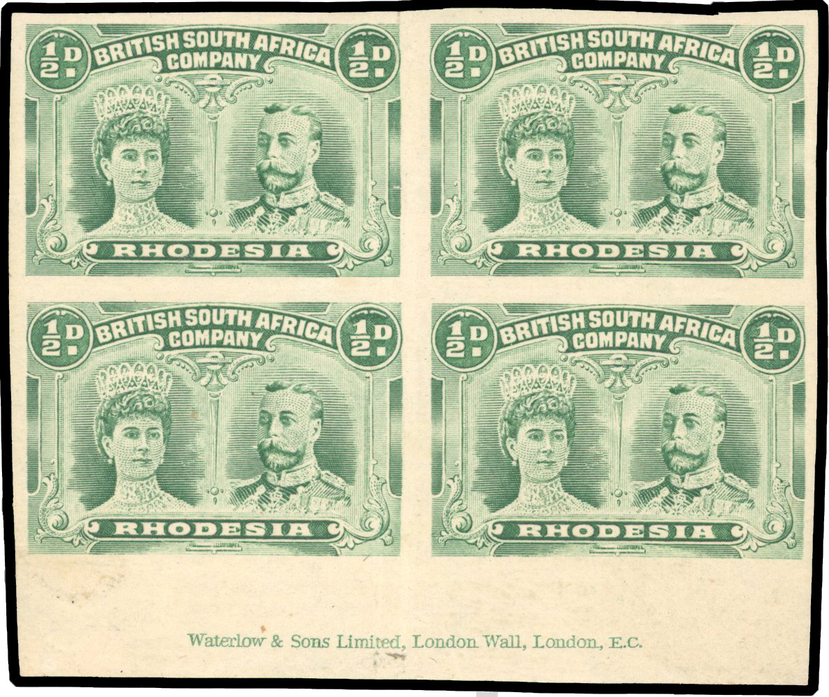 Rhodesia 1910-13 ½d bluish green imprint block of 4 imperforate