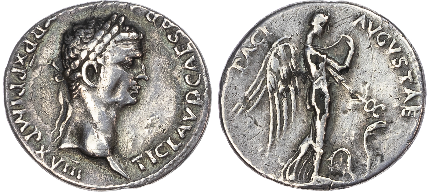 Claudius (AD 41-54) AR Fourrée Denarius, imitating Rome, AD 50-51, 2.68g. 