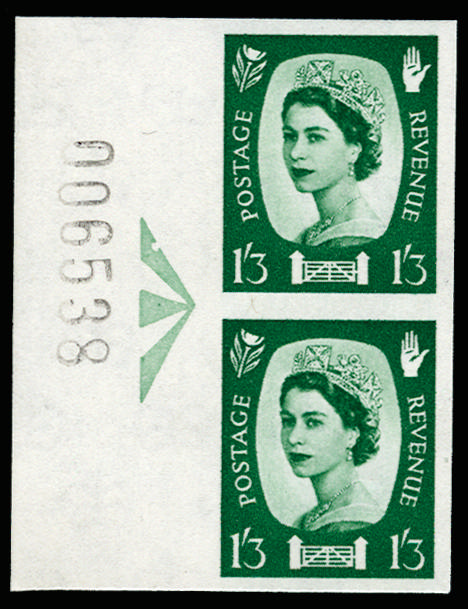 GB 1962 1s3d Green (Northern Ireland, whiter paper). Superb unmounted o.g left hand marginal vertical p… SGNI5var