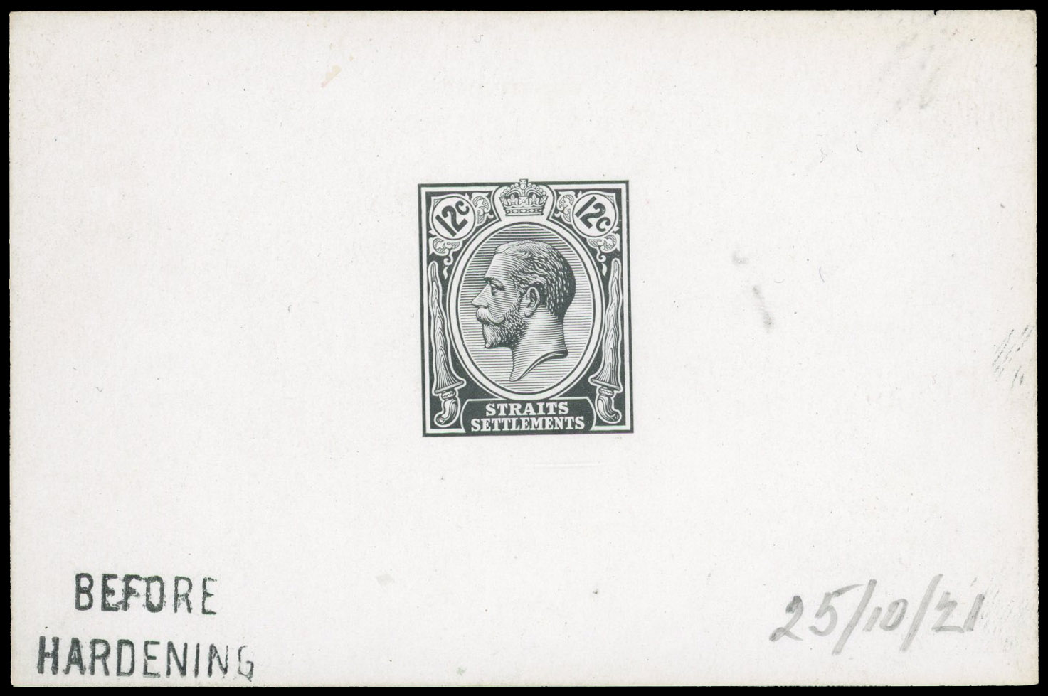 Straits Settlements 1921 12c die proof in black BEFORE HARDENING