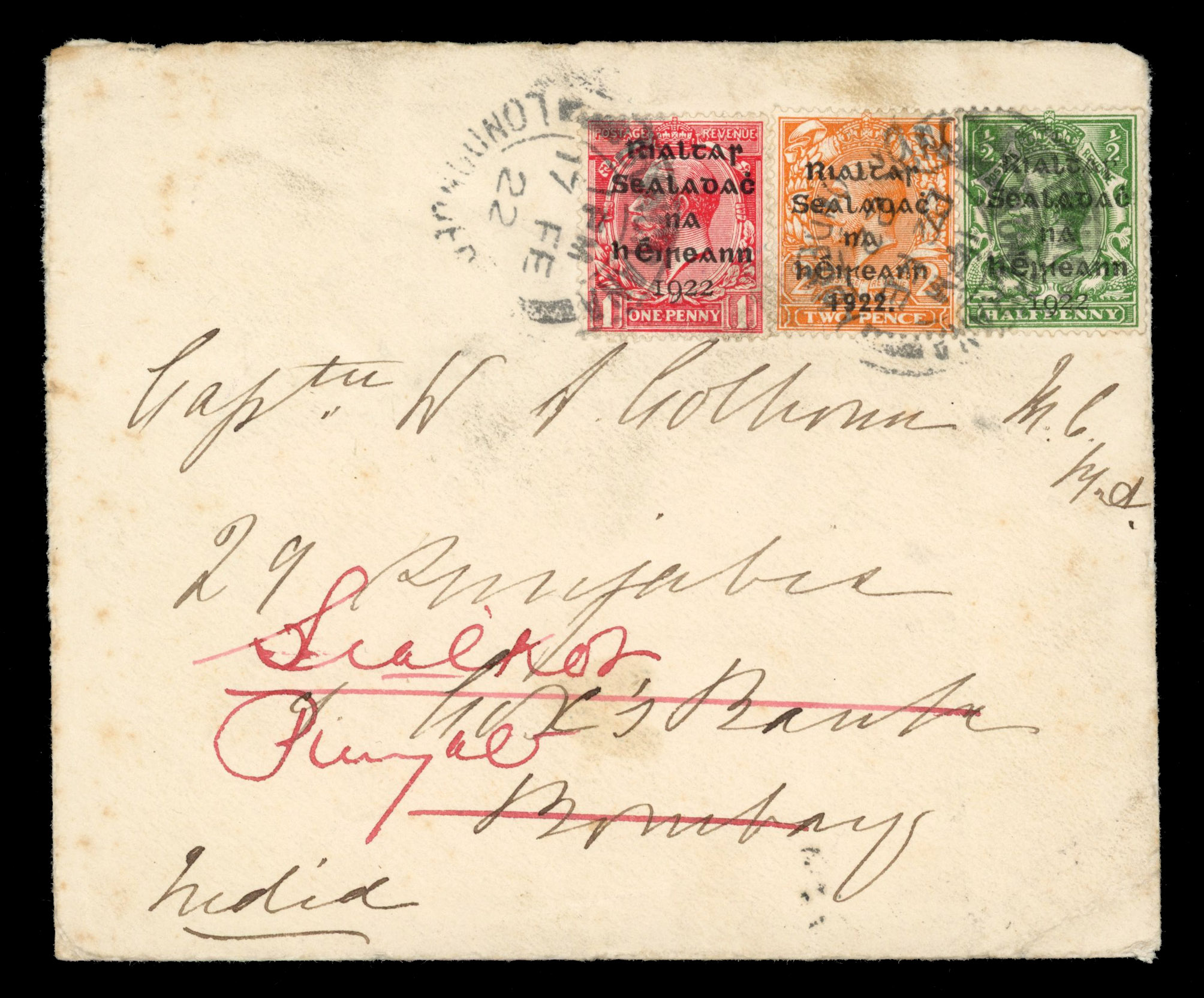 Ireland 1922 (17 FE) first day usage cover ½d, 1d and 2d to India