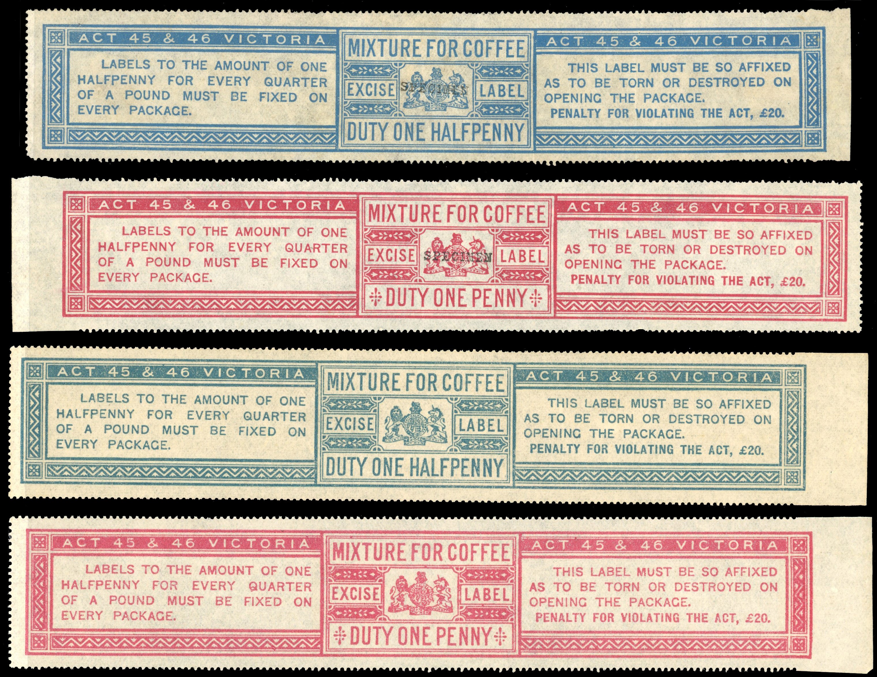 GB Coffee Duty 1882 ½d and 1d Specimens and unused