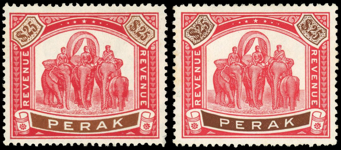 Perak Revenues 1949-52 Elephants $25 both perfs mint
