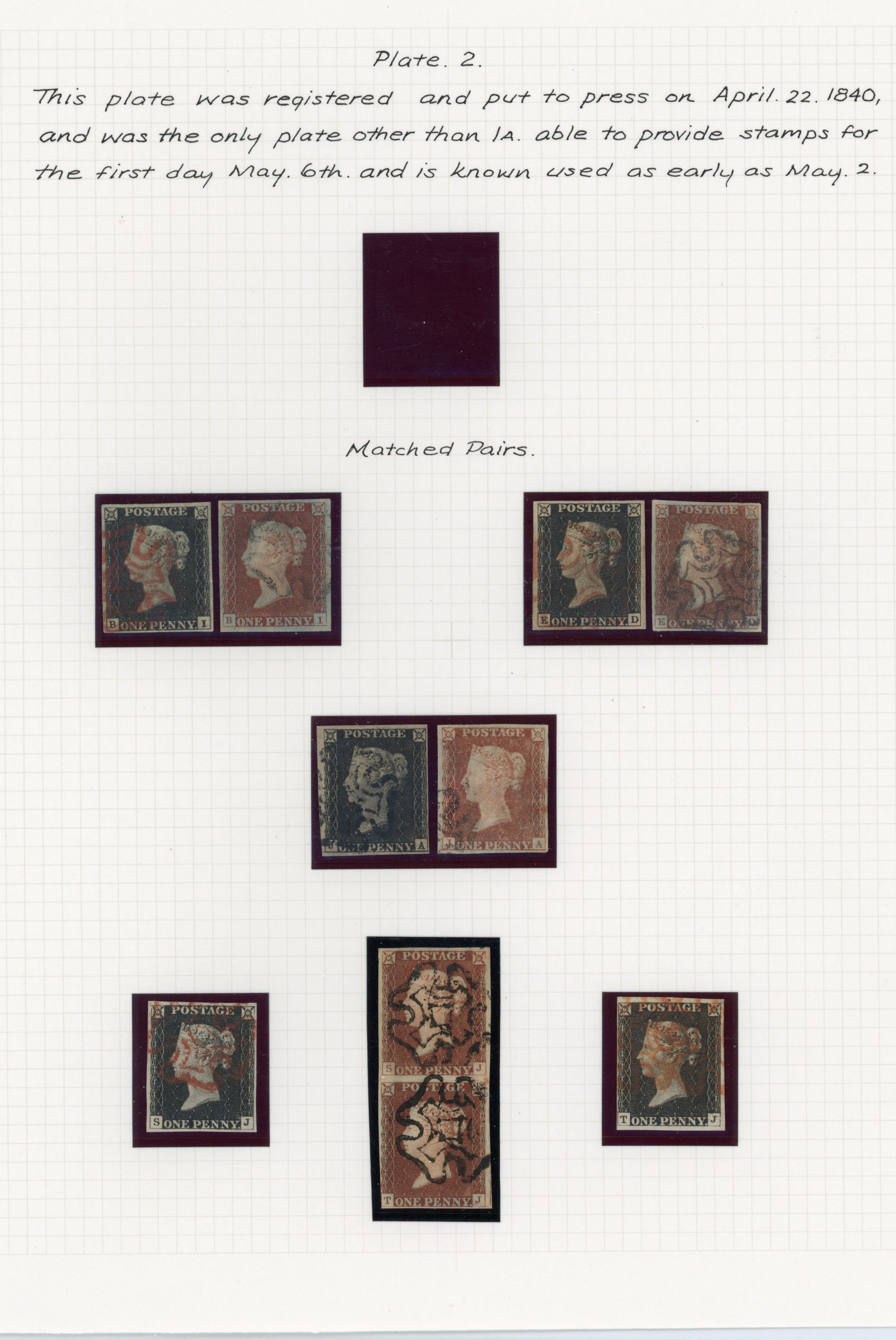1840 1d Black Pl.2. Fine group of ten adhesives in matched pairs