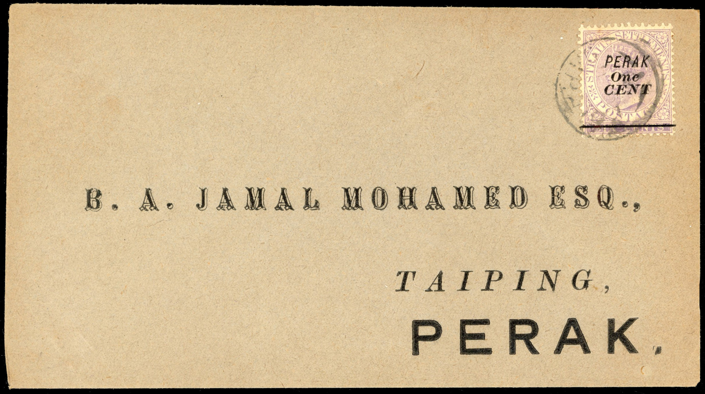 Malaya Perak SG 43 1891 1c on 6c on local cover