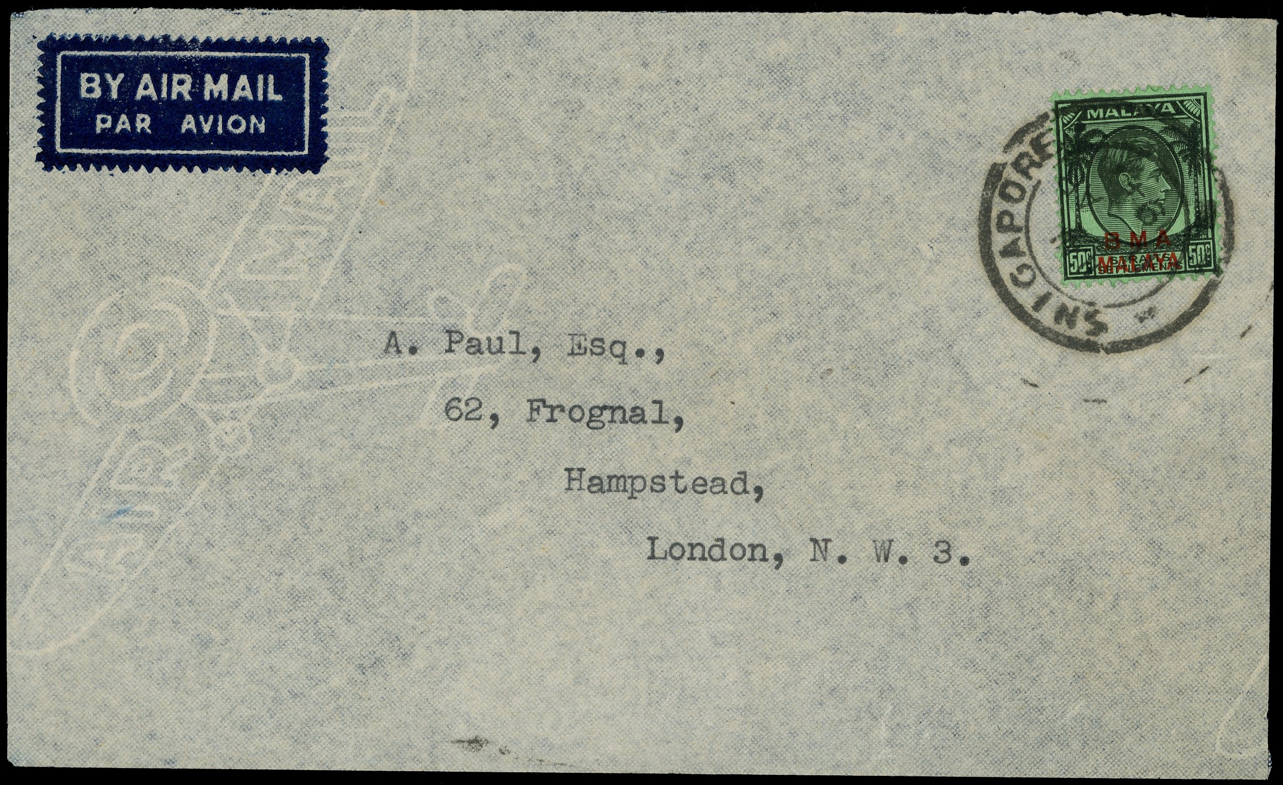 Singapore cover with SNIGAPORE postmark error