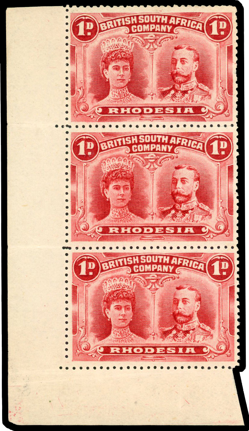Rhodesia 1910-13 1d carmine-red perf 14 vertical strip of 3