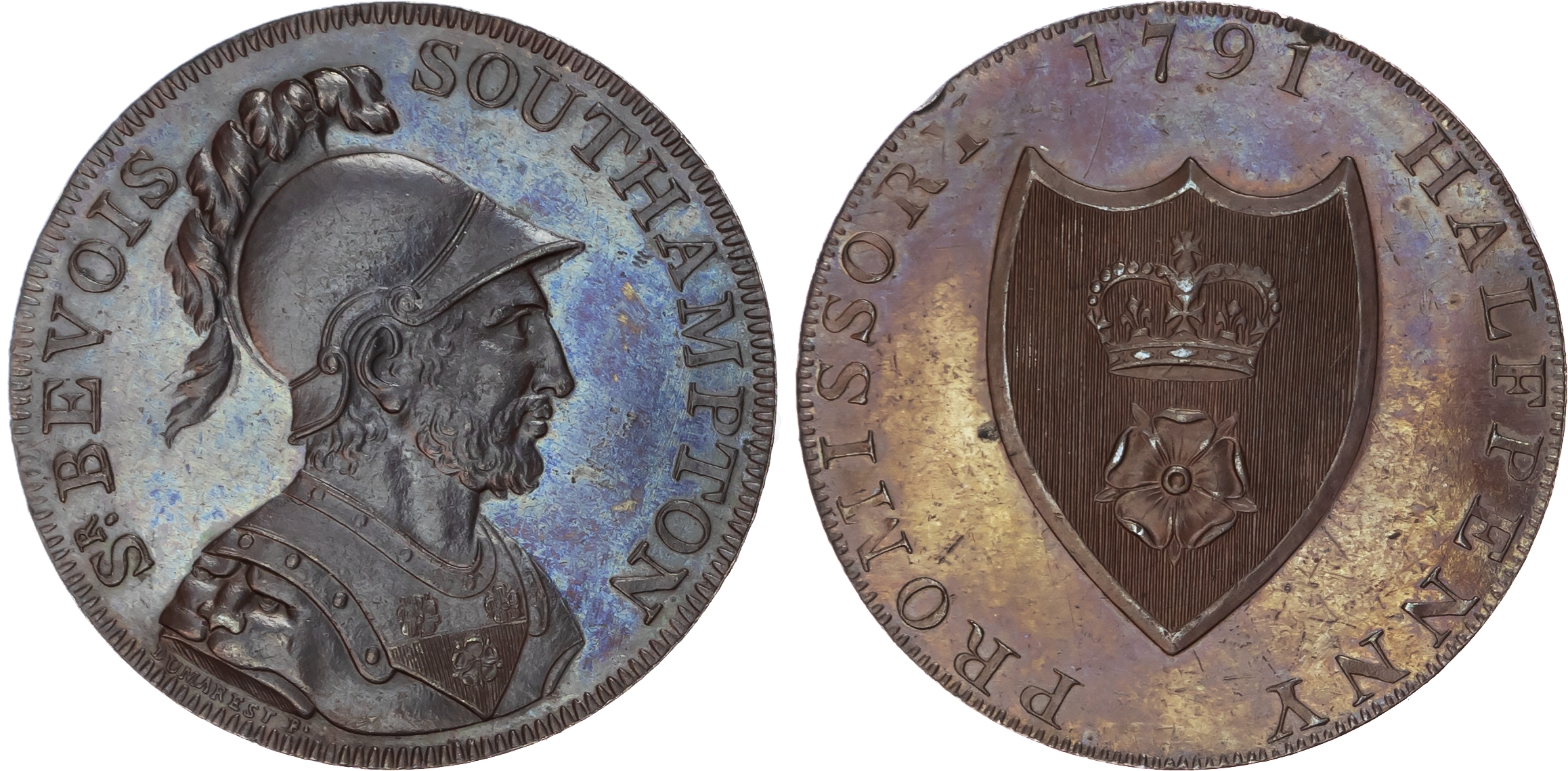 Hants. Southampton, Taylor, Moody & Co. Boulton’s Bronzed proof Halfpenny 1791, Curassed and helmeted bust of …
