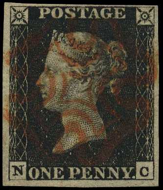 1840 1d black, Plate 6, (NC), four clear...