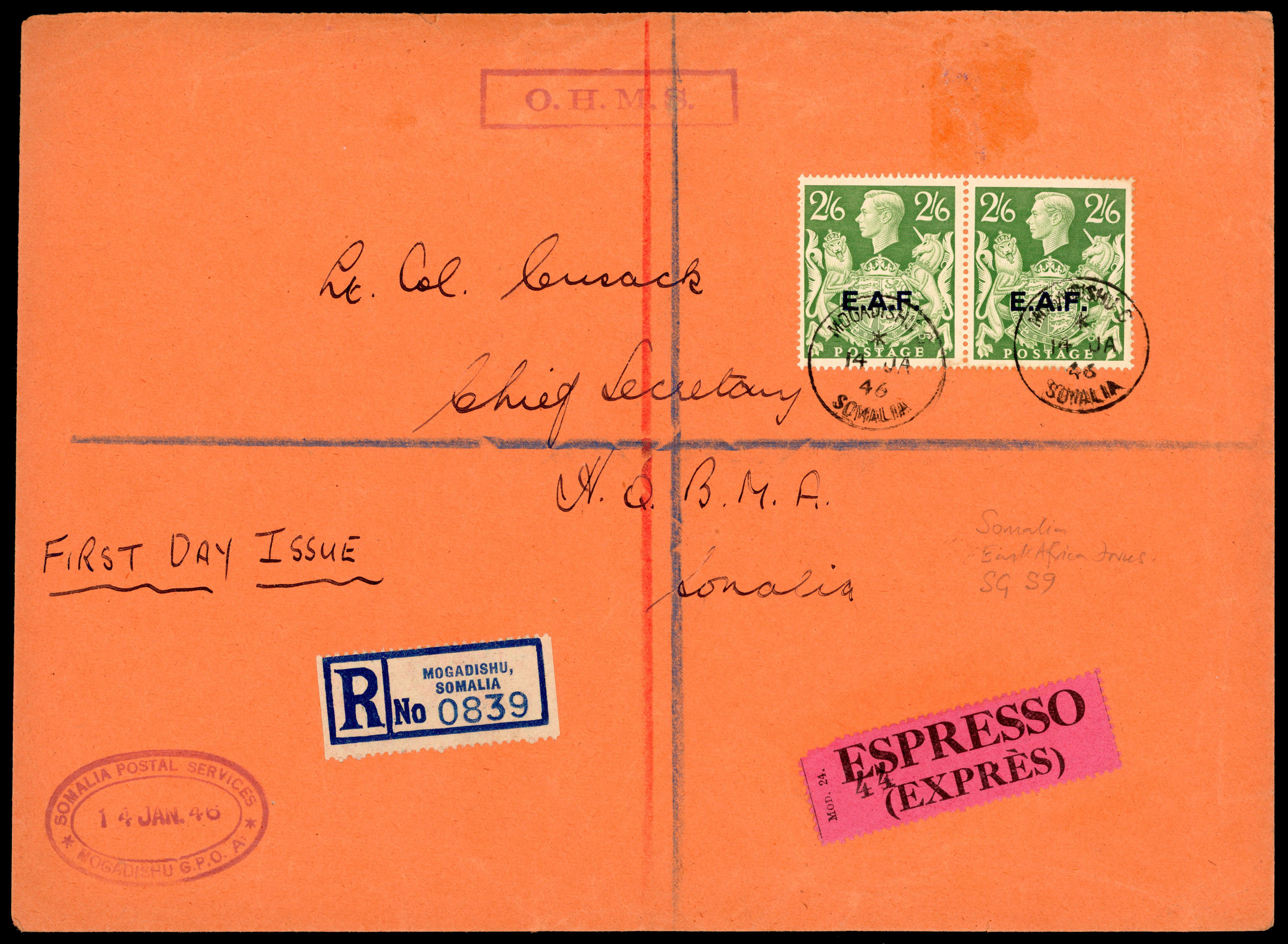 1946 (14 Jan) 2s6d yellow-green, pair, franked on registered express envelope used on the first day of issue