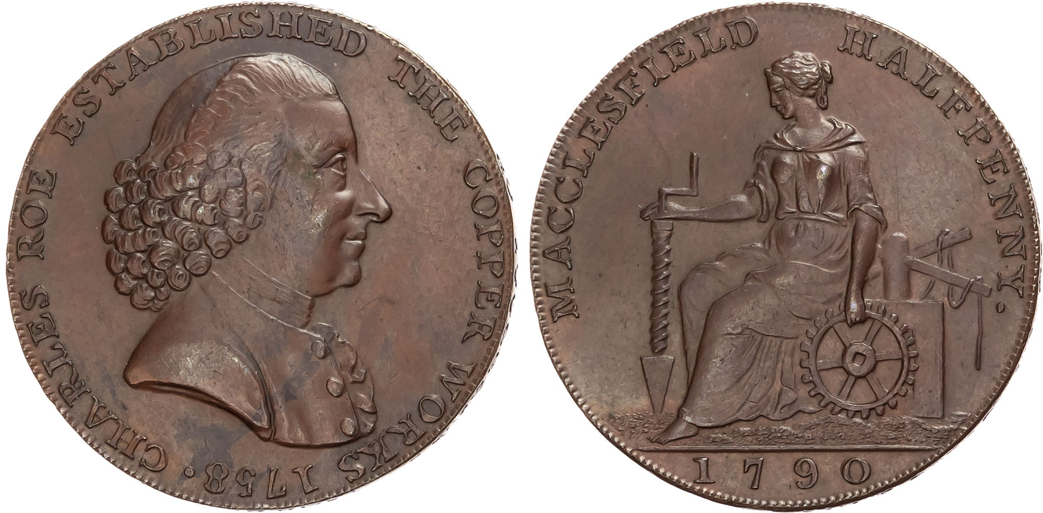 Ches. Macclesfield , Roe & Co. Halfpenny 1790. Draped bust of Charles Roe right, rev. industry seated left holding auge …