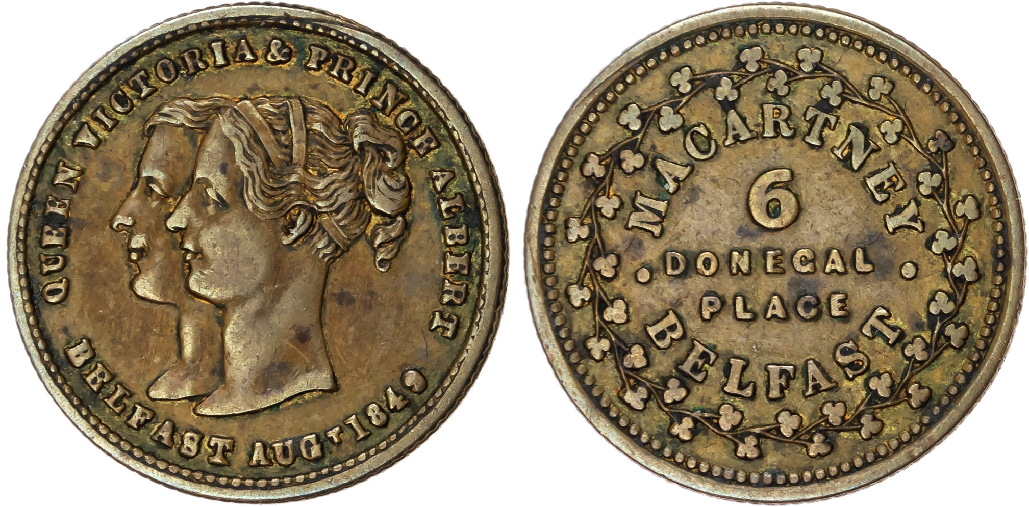 Co Antrim, Belfast , John Macartney (jeweller), unofficial farthing 1849, busts of Albert & Victoria, rev. Add…