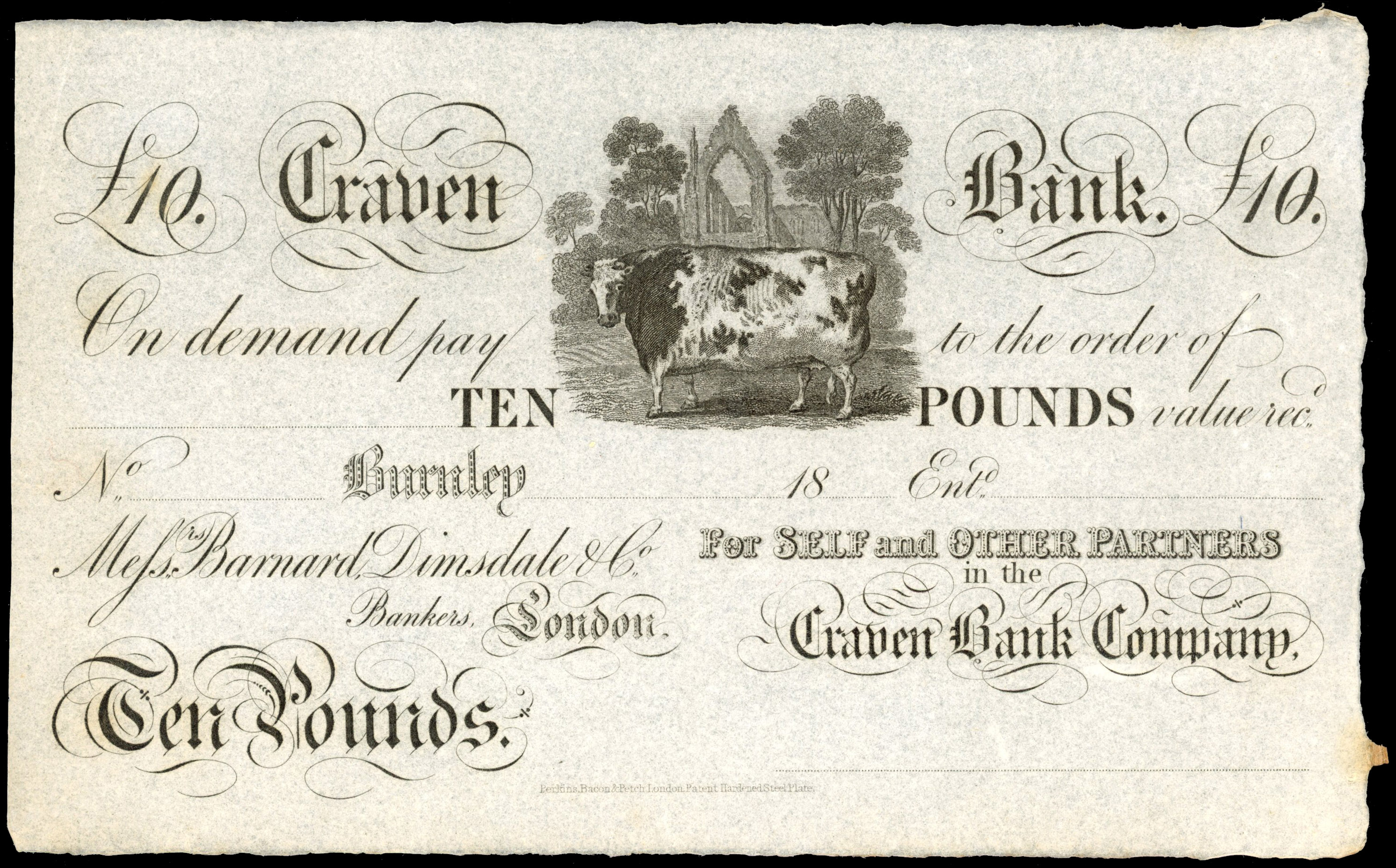 BURNLEY, Craven Bank, for Messrs. Barnard Dimsdale & Co. London, unissued £10.,18., no signatures or serial nu…