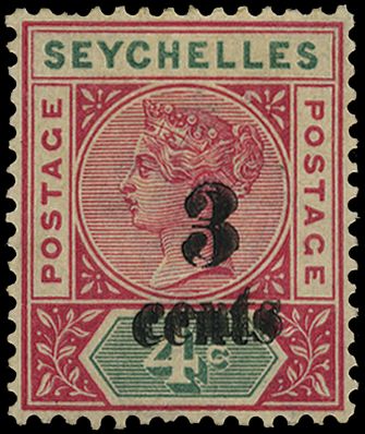 1893 3c on 4c green and carmine, showing...