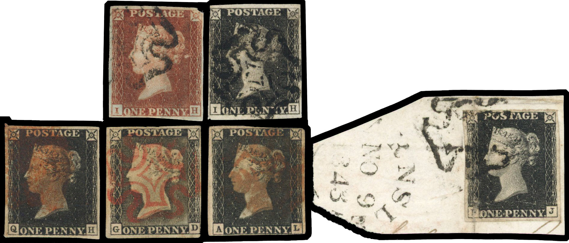 1840 1d black selection of ten stamps with three to four margins and cancelled