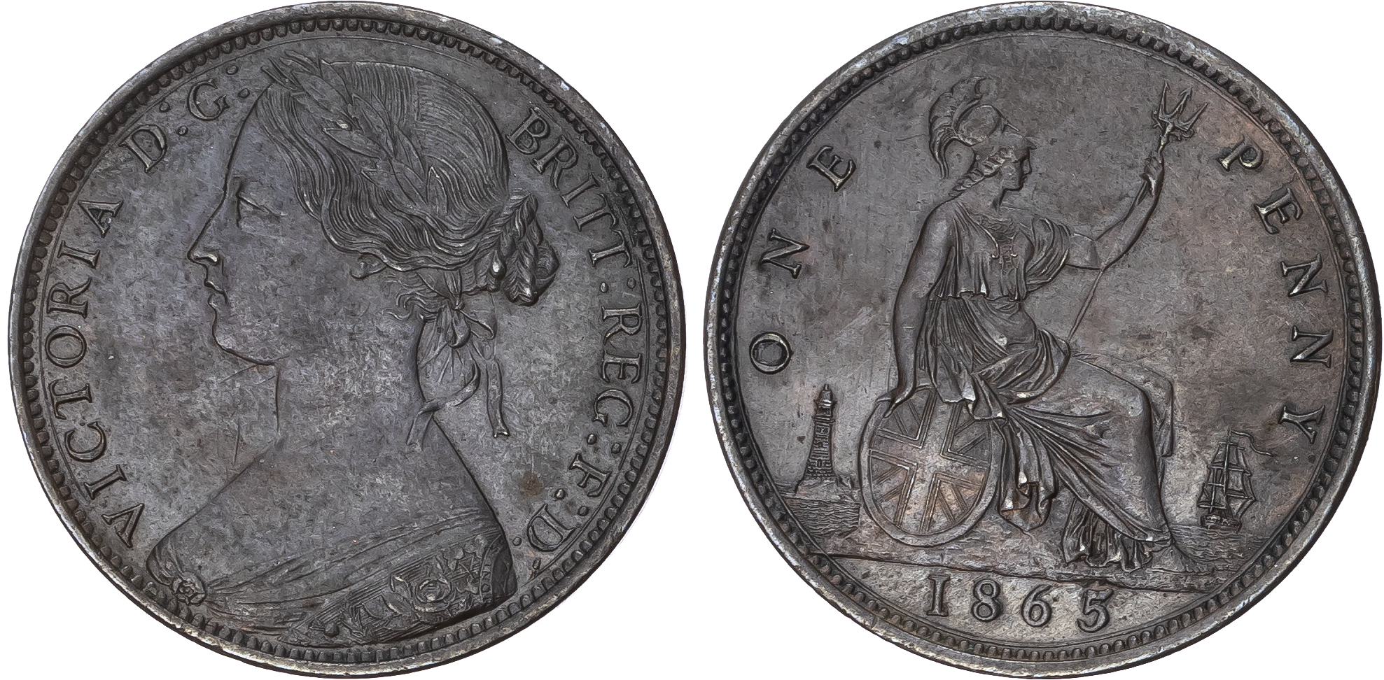 Victoria (1837-1901), Bronze Penny, 1865 over 3