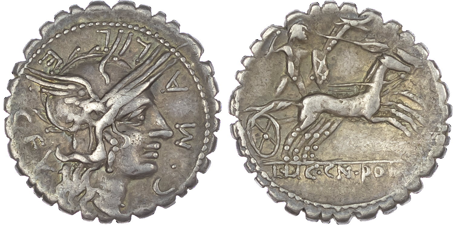 C. Malleolus C. f. (118 BC) AR Denarius Serratus, Narbo, 3.95g. C•MALLE•C•F, helmeted head of Roma facing right, X (mark of