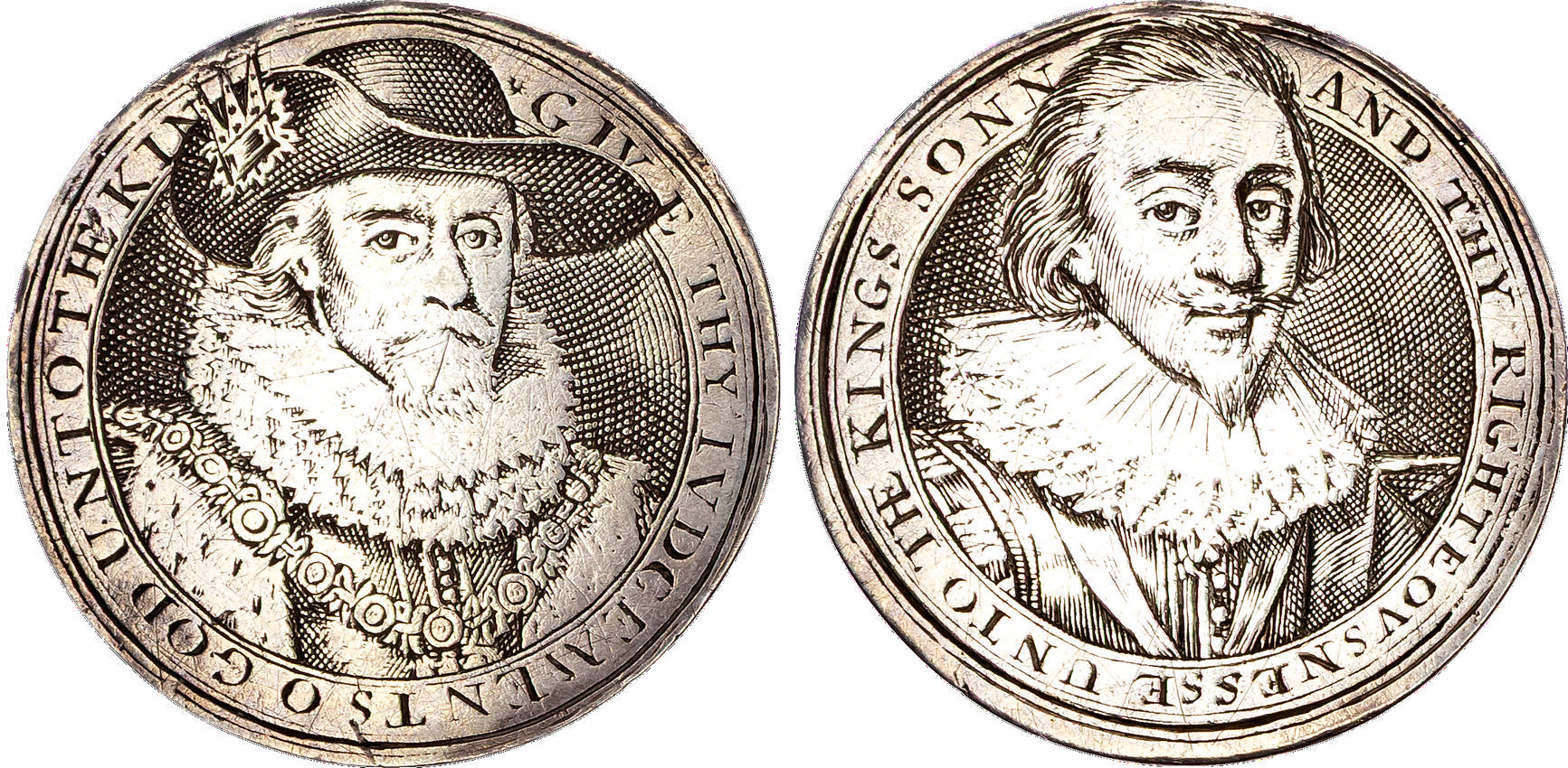 James I, James I and Prince Charles, early 1620s, Cast silver counter.
