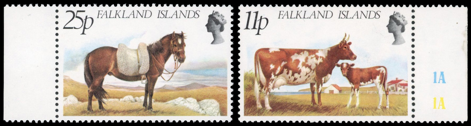 Falkland Islands SG 393w-394w 1981 Farm Animals 11p, 25p watermarks sideways inverted mint