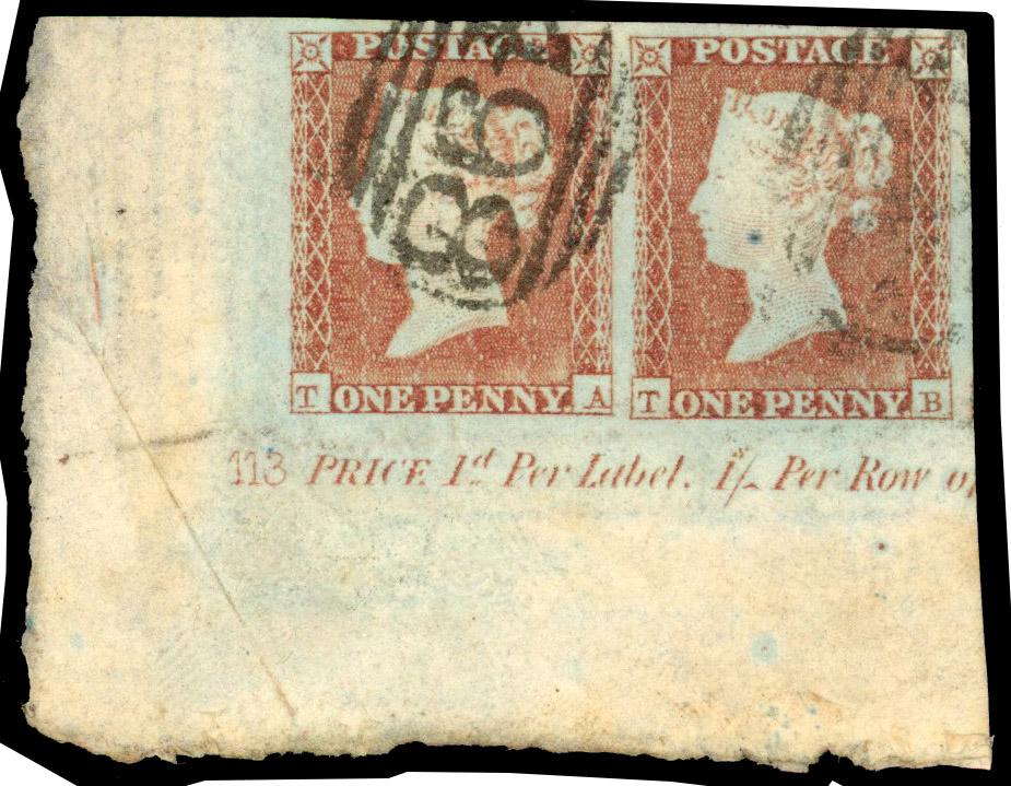 1841 1d Red-brown Pl.113 (TA-TB). Used huge four margin, plate corner pair