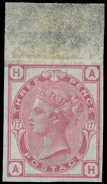 1875 3d Rose Pl.17. Very fine unused imperforate top marginal imprimatur lettered AH. Tiny patch of glue staining at upp…