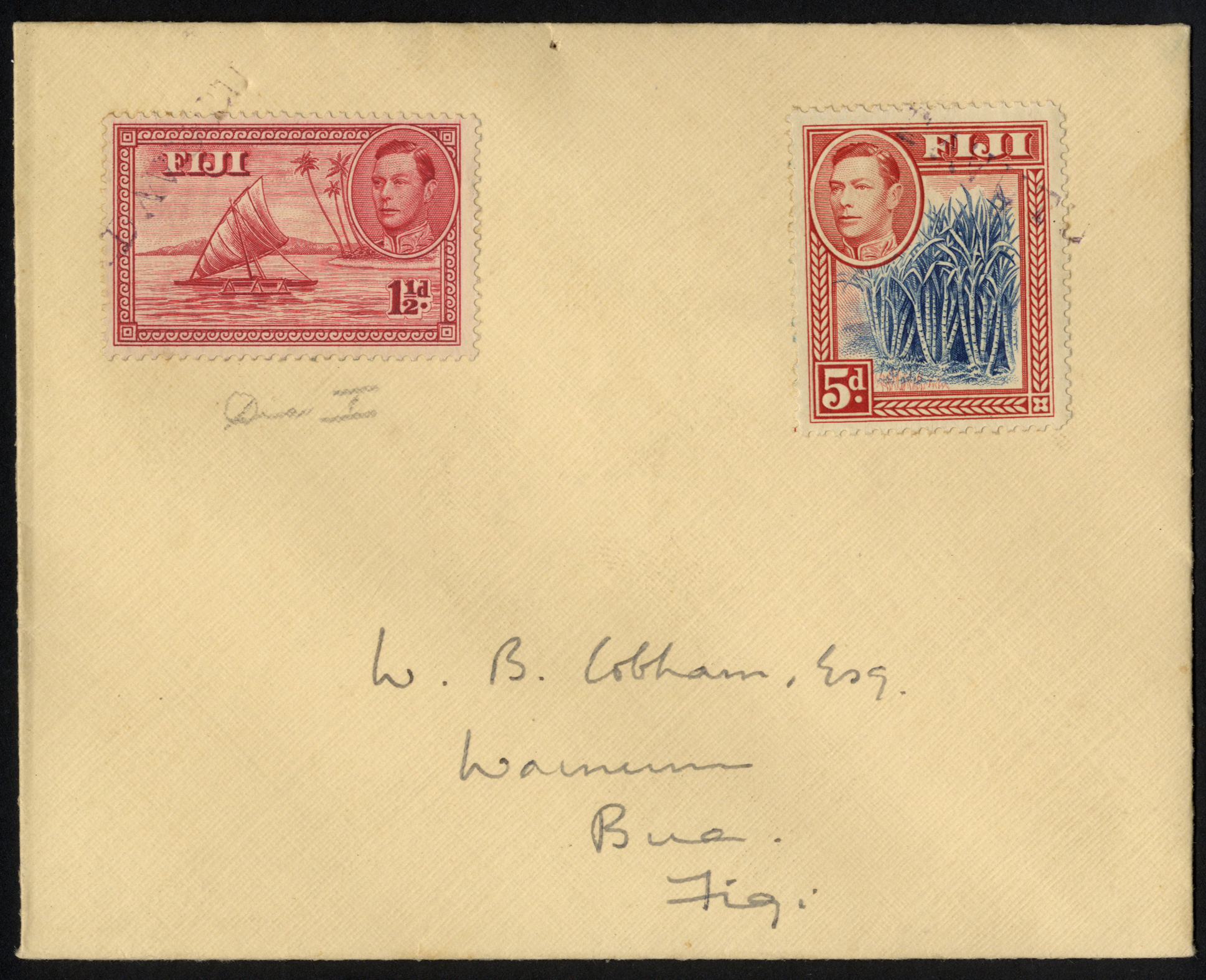 1938 envelope with 1½d Die I and 5d blue and scarlet, each tied by straight-line DAVUTU (Proud D1) on envelope to Bua,...