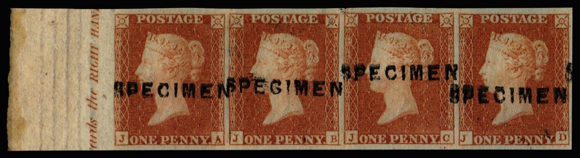 1841 1d red-brown Plate 90. A superb unmounted o.g. left-hand marginal four margin horizontal strip of …