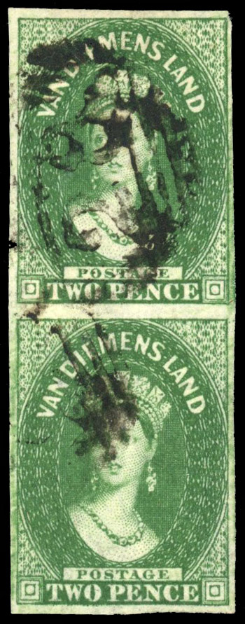 Tasmania SG 16 1855 2d green vertical pair used
