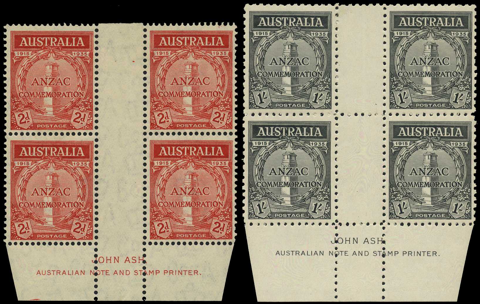 1935 ANZAC pair in Ash imprint blocks of...