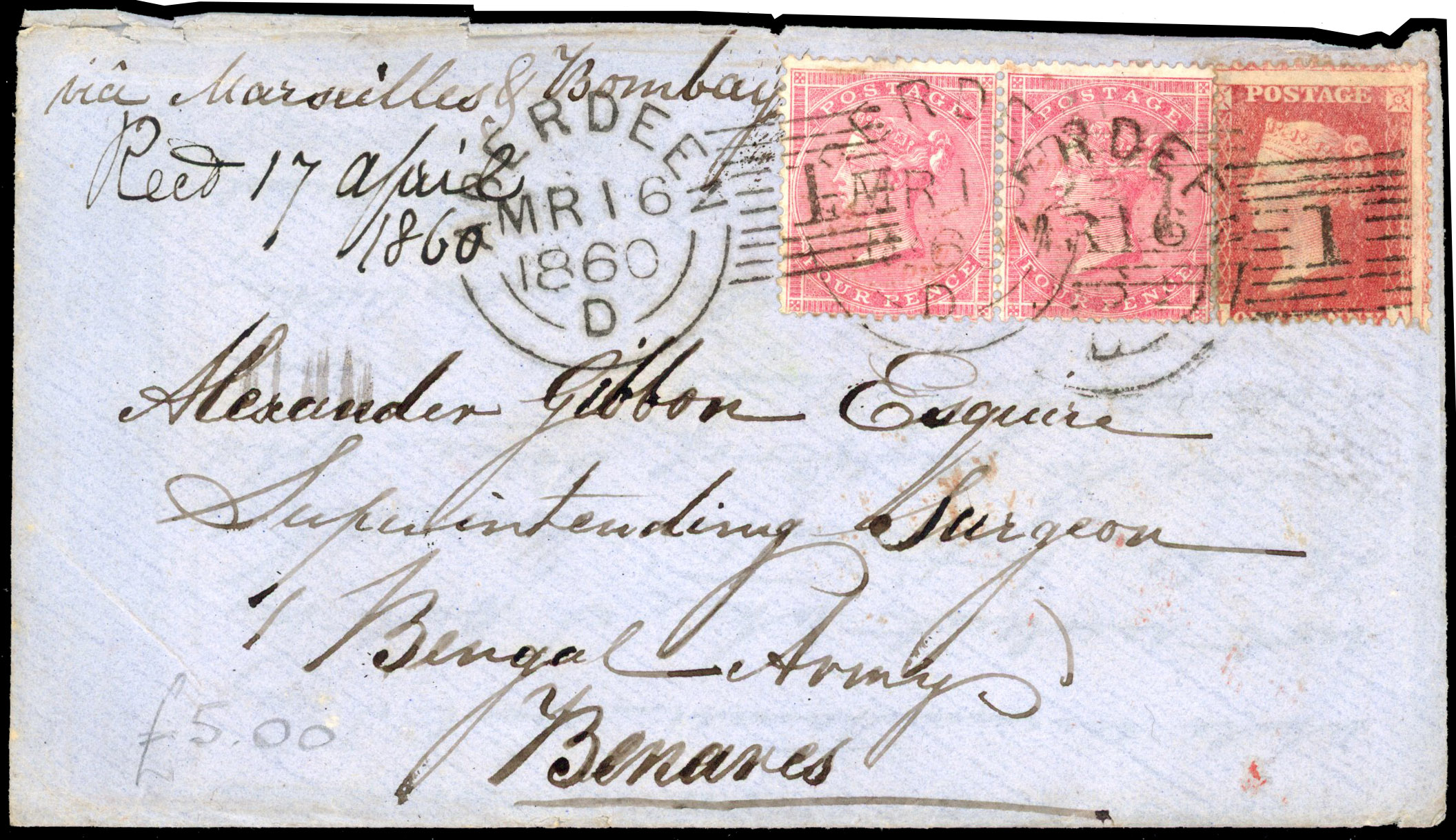1860-78 six envelopes all going into India