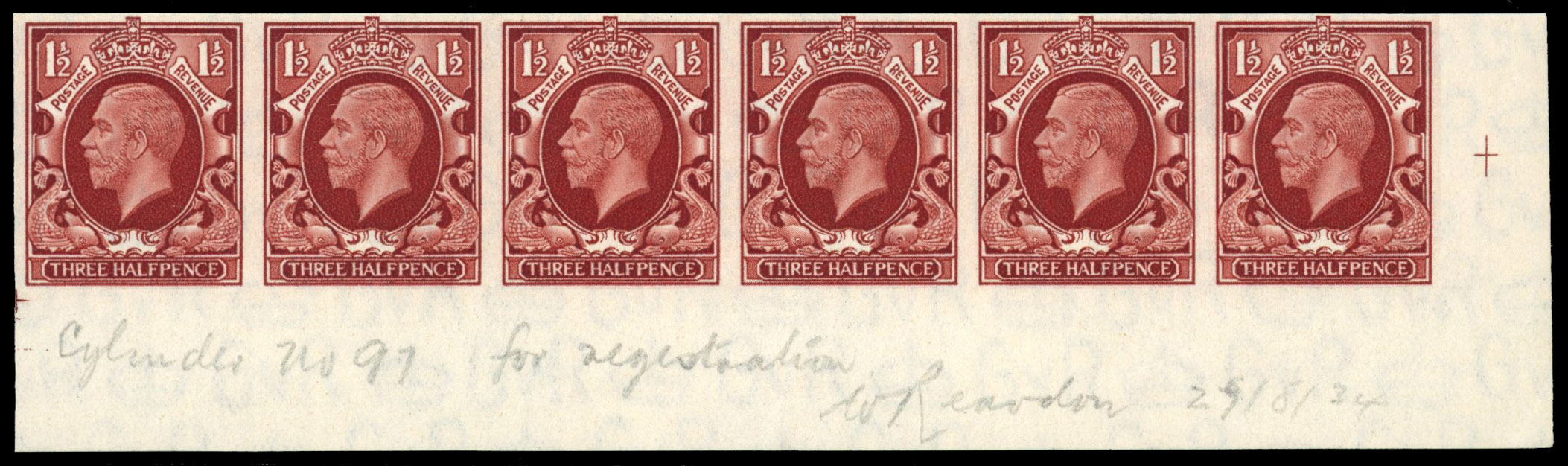 Great Britain 1934 1½d Red-brown, Horizontal Strip of Six, BPMA Imprimatur, SG 441